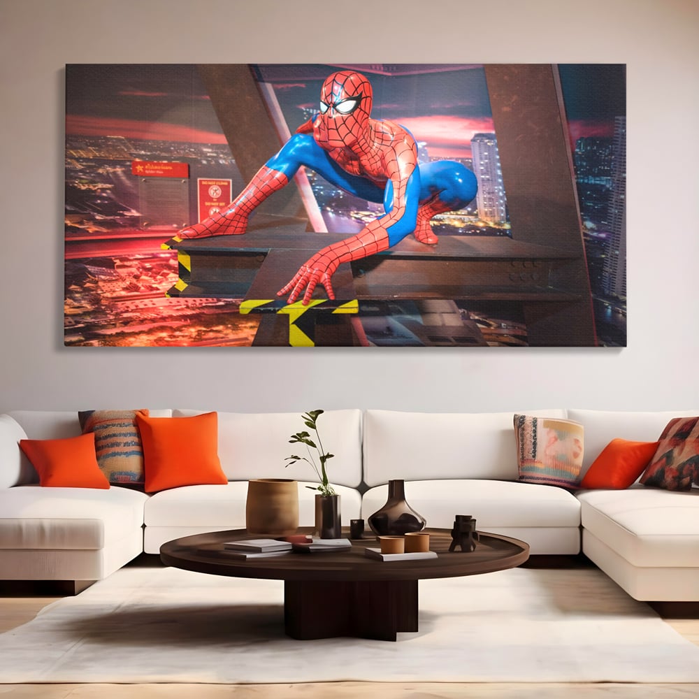 Tablou canvas cu tablou canvas cu figurina spider man, fara rama, pe sasiu de lemn, pe perete intr-un living